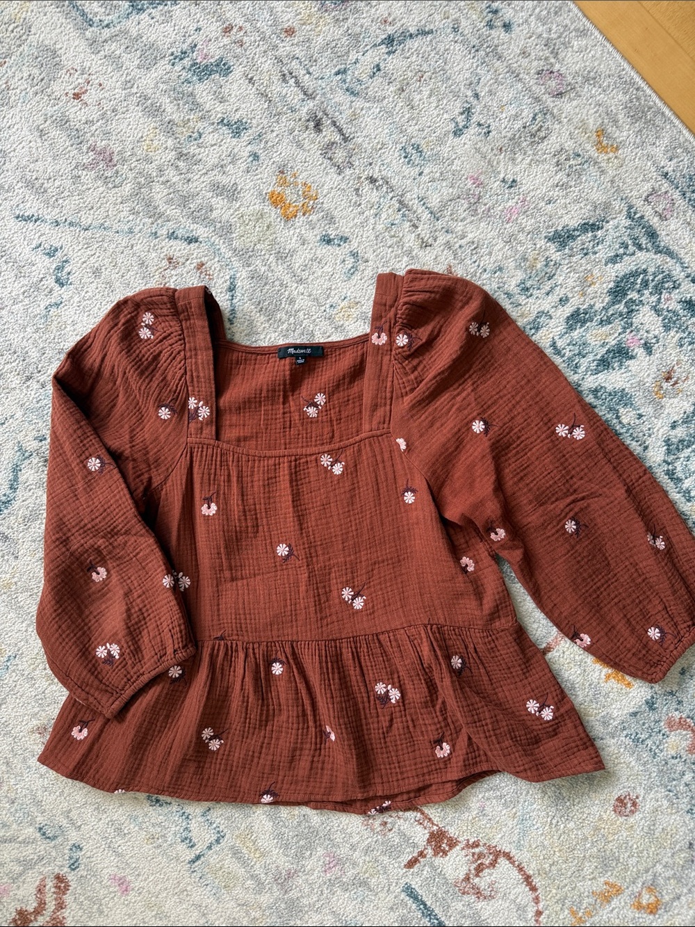 Madewell Rust Square-Neck Gauze Top with Pink Floral Embroidery